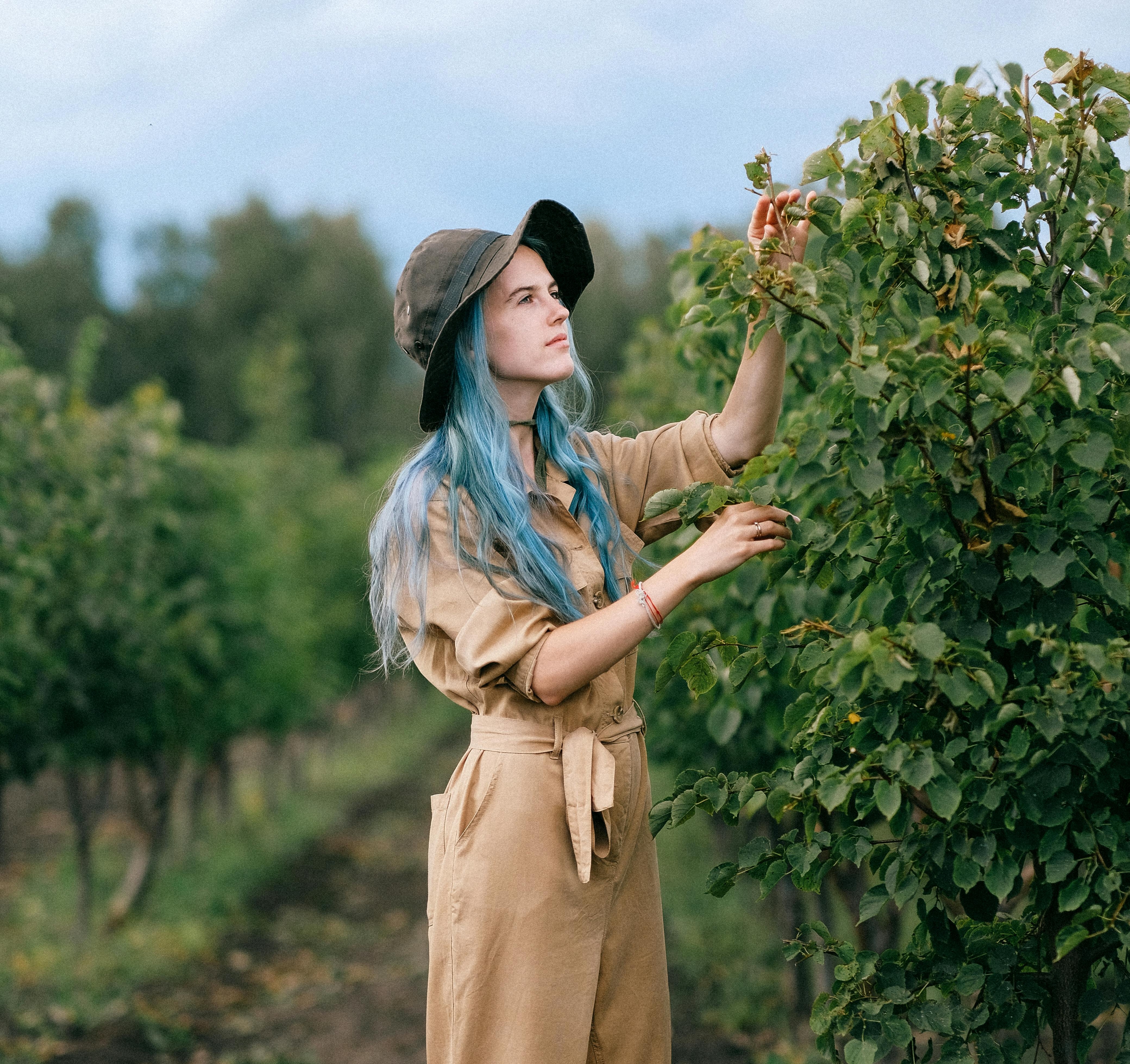 blue haired girl touching a tall brush